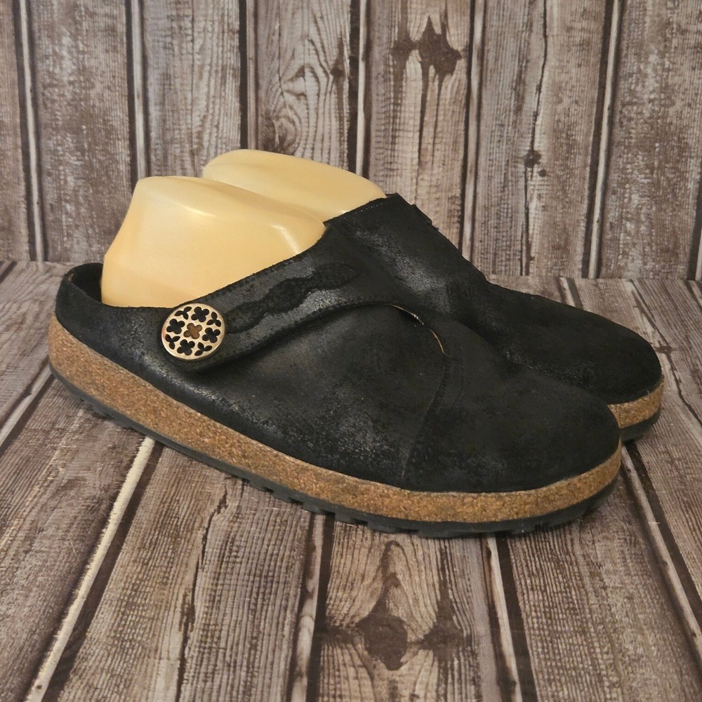 Sz 42 / 11 Womens Haflinger Adventure Black Distressed Leather Cork Clogs VGUC